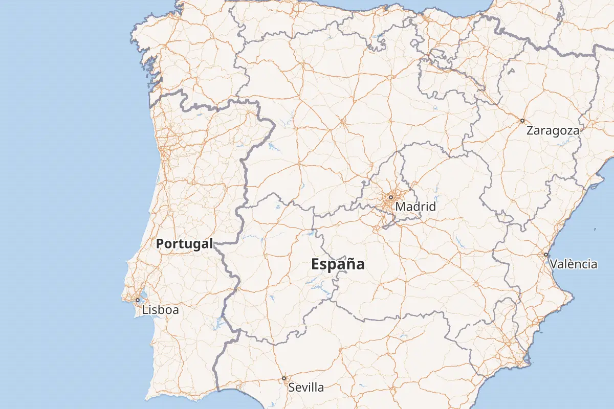 Mapa da Península Ibérica com a localização da Guarda, entre Lisboa, Porto e Madrid